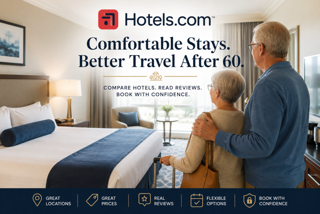 Senior couple entering a comfortable hotel room with Hotels.com travel graphics about locations, prices, reviews, flexible options, and booking confidence.
