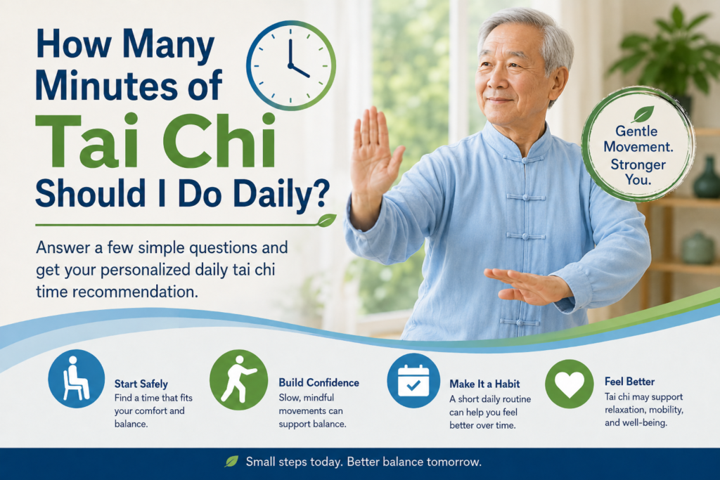 Senior man practicing tai chi with graphics for daily tai chi minutes, safe starting points, balance confidence, gentle movement, and healthy routines.