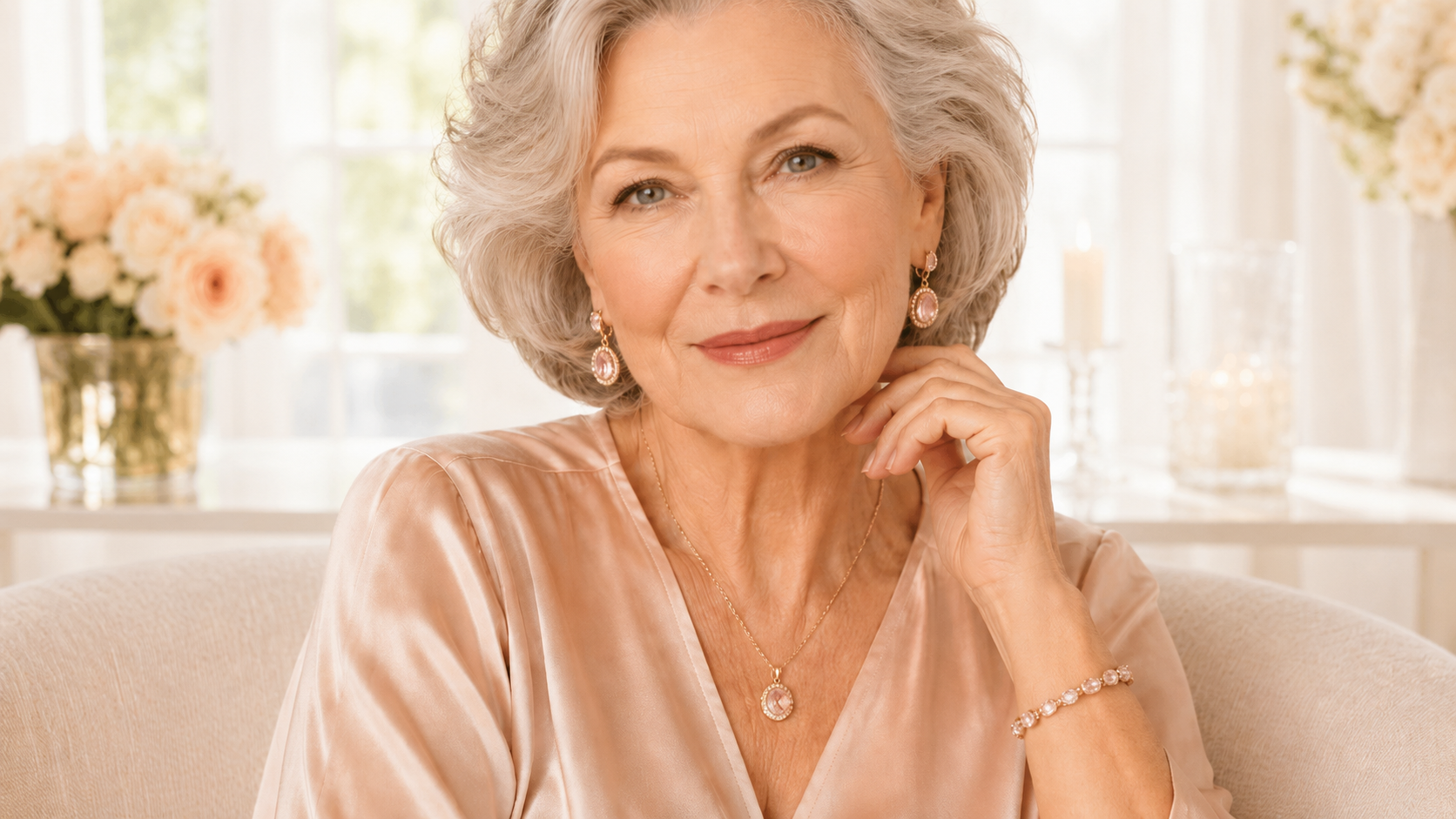 Elegant senior woman wearing TheoGrace style jewelry in a bright, graceful setting.
