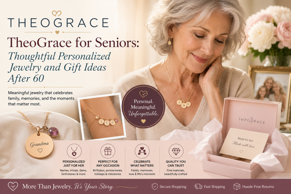 Senior woman wearing personalized jewelry with TheoGrace gift graphics about meaningful necklaces, birthdays, anniversaries, family memories, and special moments.