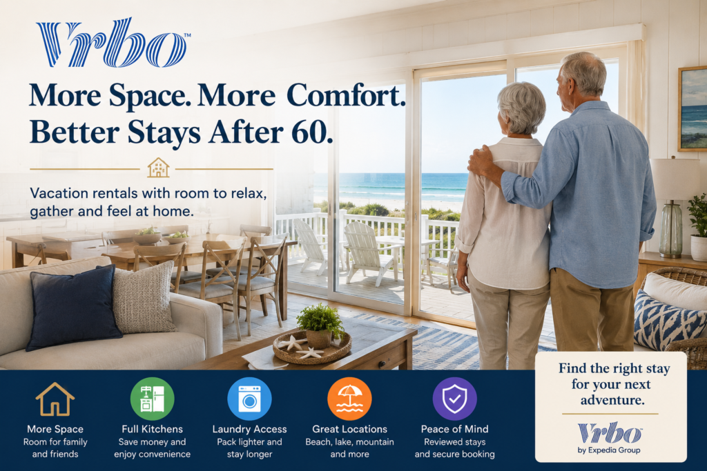 Senior couple looking out at the ocean from a bright vacation rental with Vrbo travel graphics about space, kitchens, laundry, location, and peace of mind.