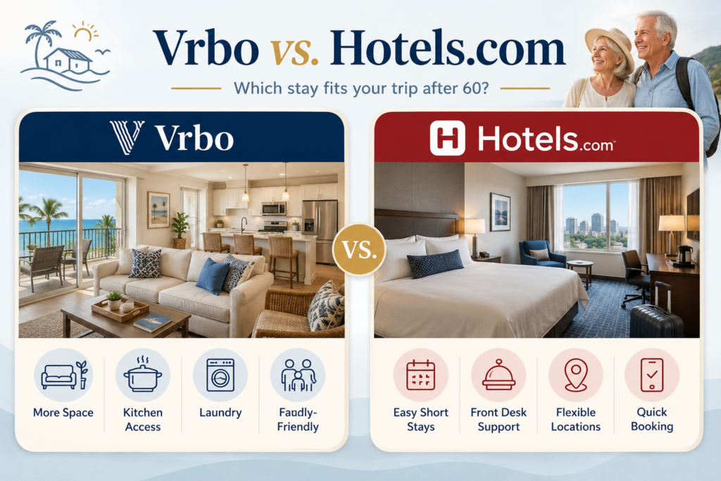 Side-by-side Vrbo and Hotels.com comparison graphic showing a vacation rental and hotel room with benefits for seniors choosing a stay after 60.