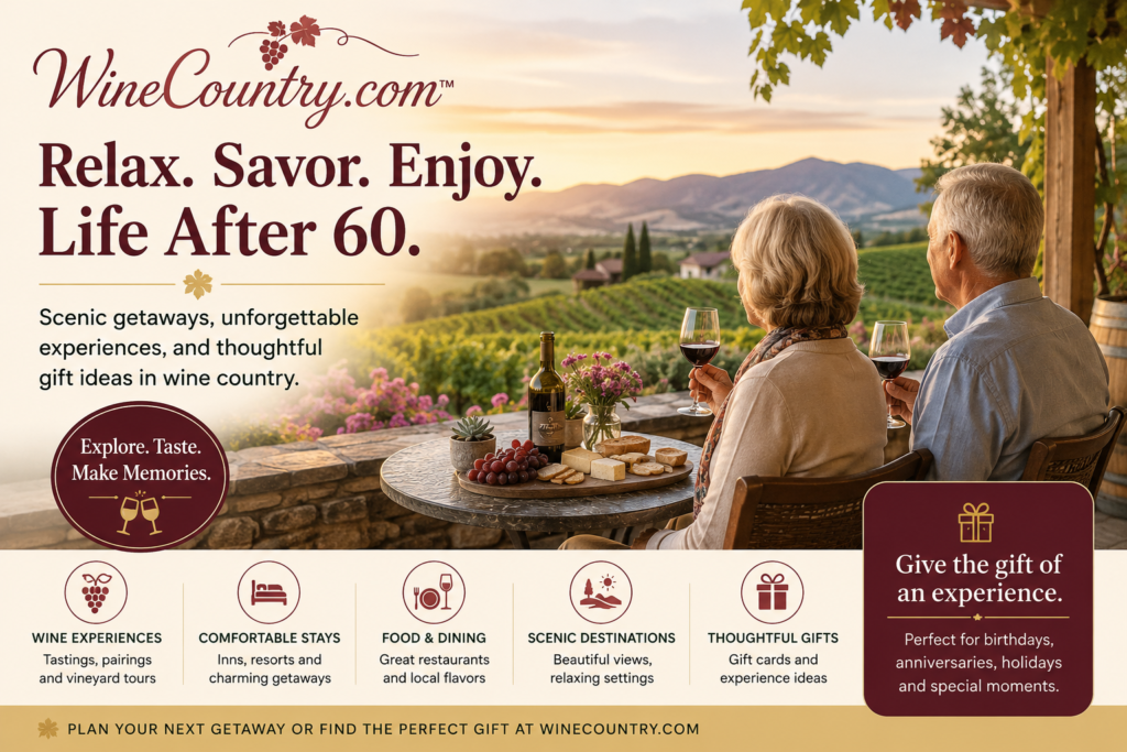 Senior couple enjoying wine country vineyard views with graphics about scenic getaways, comfortable stays, food, dining, and thoughtful gift experiences.